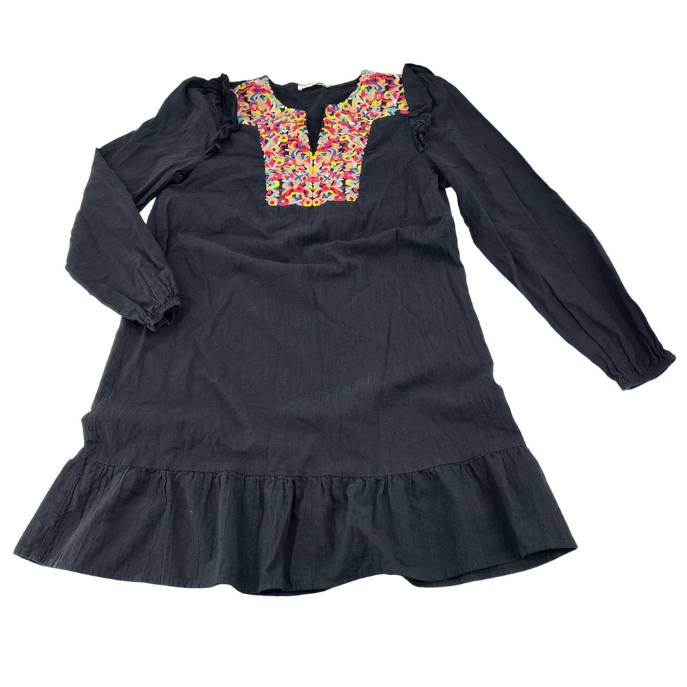 KIRUNDO Embroidered Black Dress with Ruffle Detail Long Sleeve V Neck Mini M